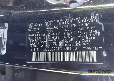 2012 Hyundai Tucson Gls из США, поврежденный, VIN KM8JUCAC1CU395060